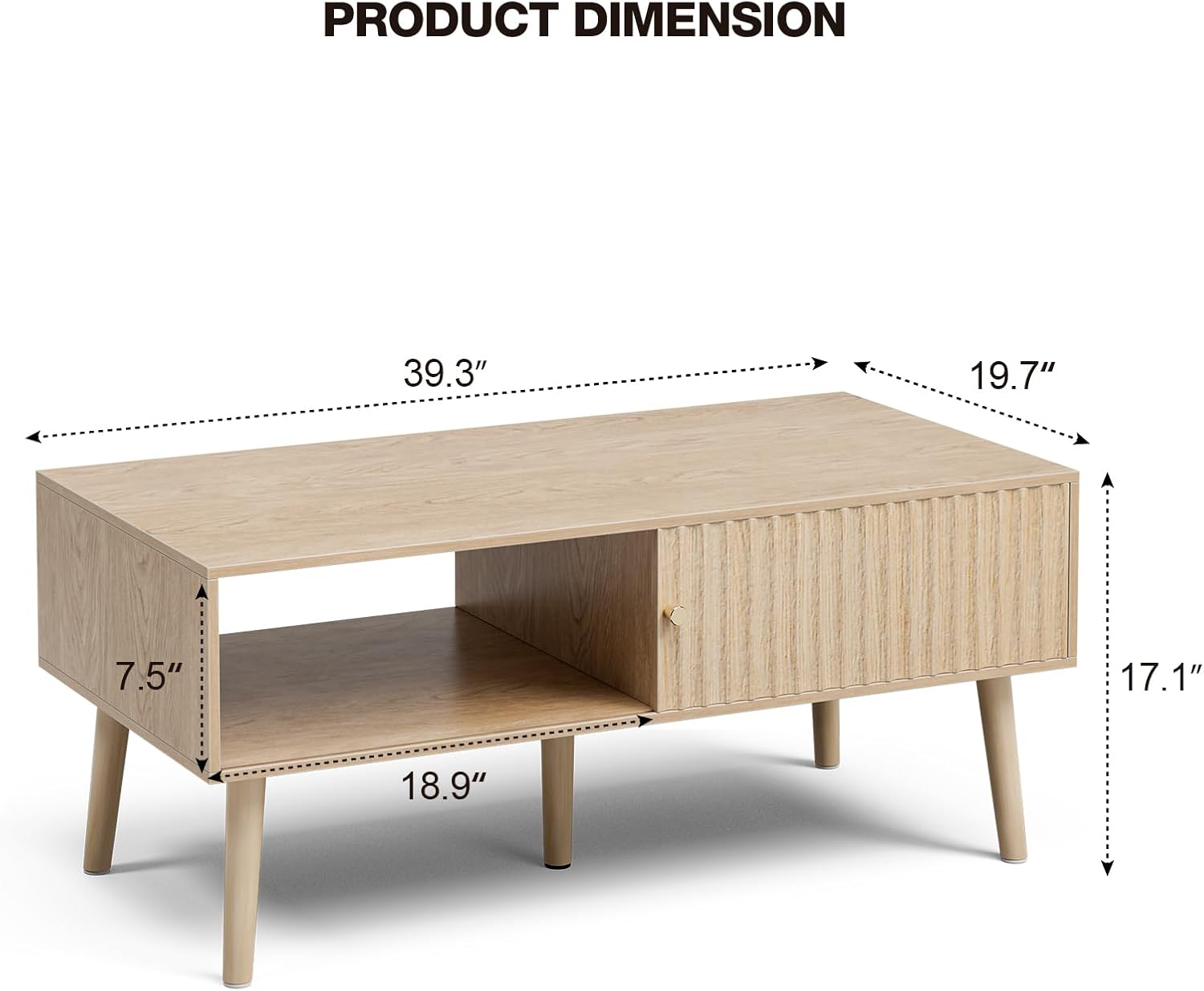 Coffee Table with Storage, Boho Dining Table with Sliding Fluted Door and Solid Wood Legs, Small