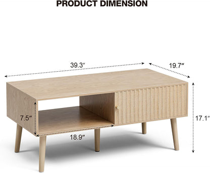 Coffee Table with Storage, Boho Dining Table with Sliding Fluted Door and Solid Wood Legs, Small