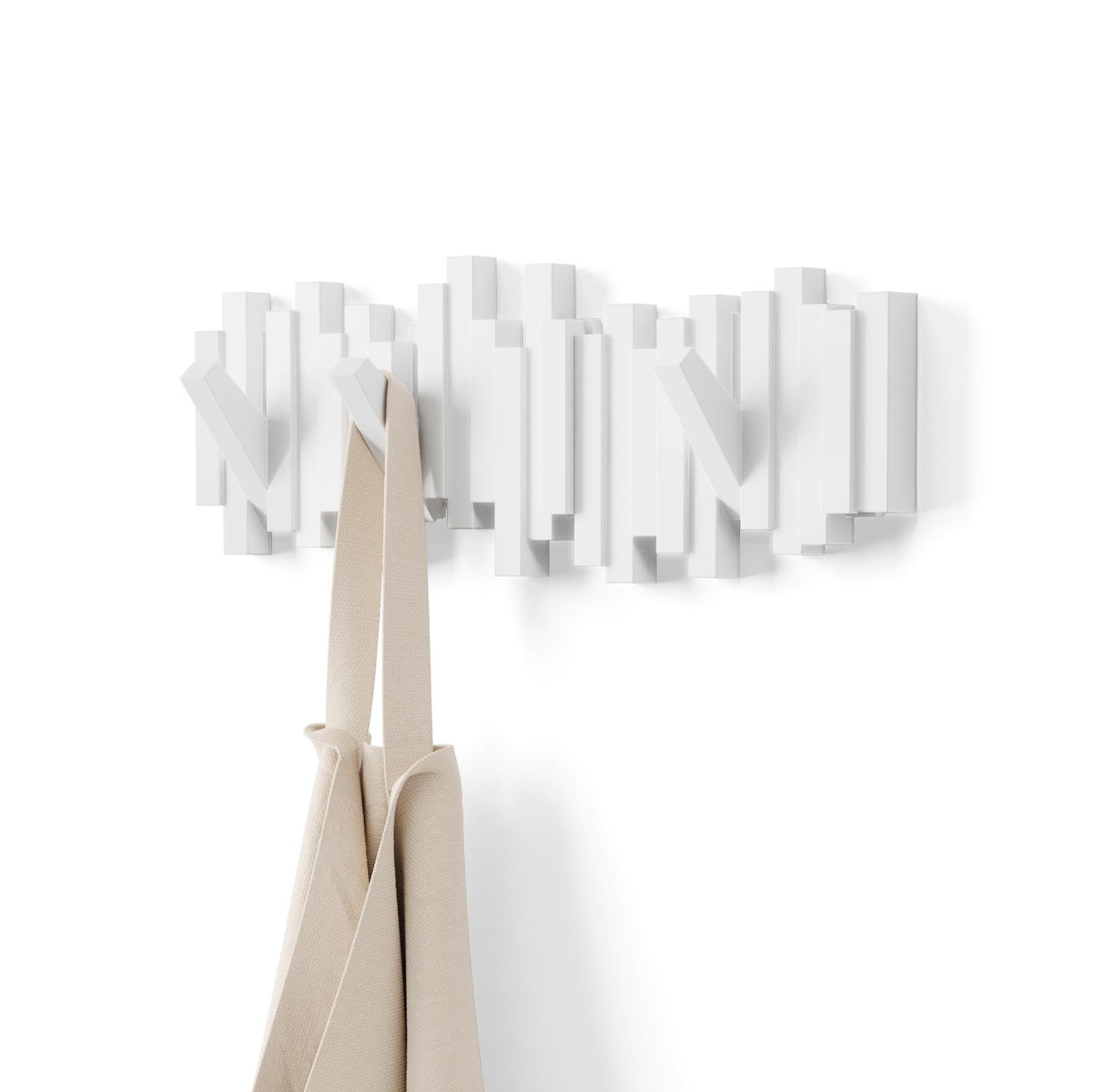 Umbra Sticks Wall Mount Coat Rack, 5 Hook Retractable Pegs, White