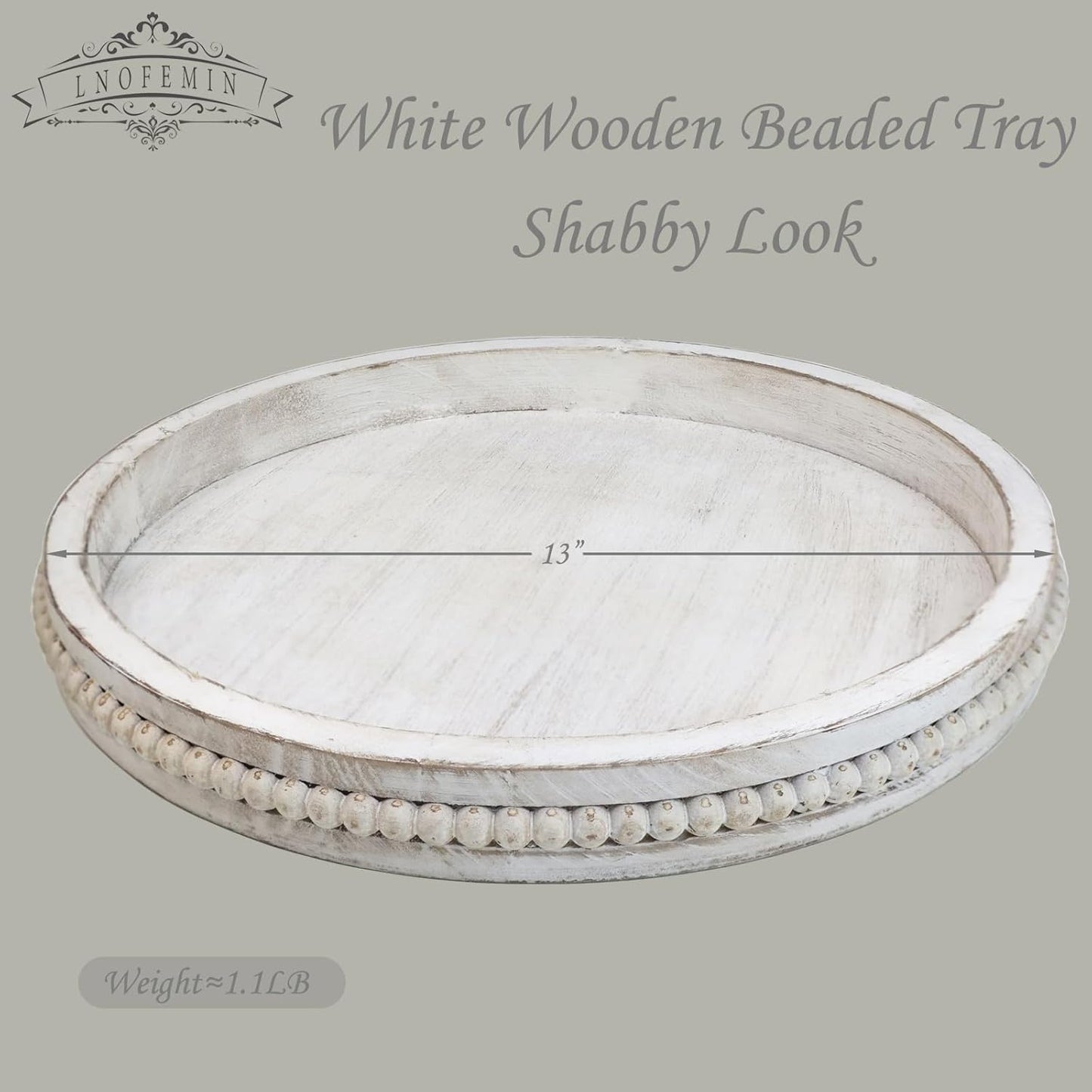 Round Wood Serving Tray with Beads, White Washed Wooden Decorative Tray for Entertaining