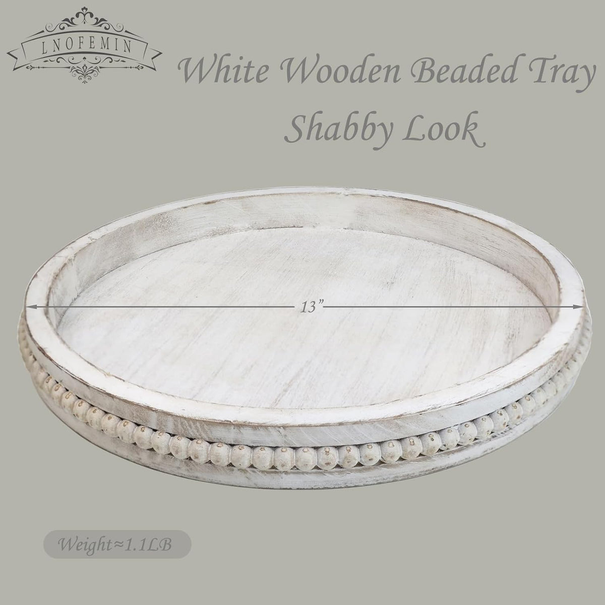 Round Wood Serving Tray with Beads, White Washed Wooden Decorative Tray for Entertaining