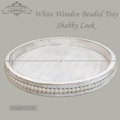 Round Wood Serving Tray with Beads, White Washed Wooden Decorative Tray for Entertaining