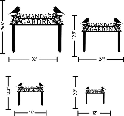 Personalized Metal Garden Name Sign with Flowers and Birds, Custom Yard Sign with Stake