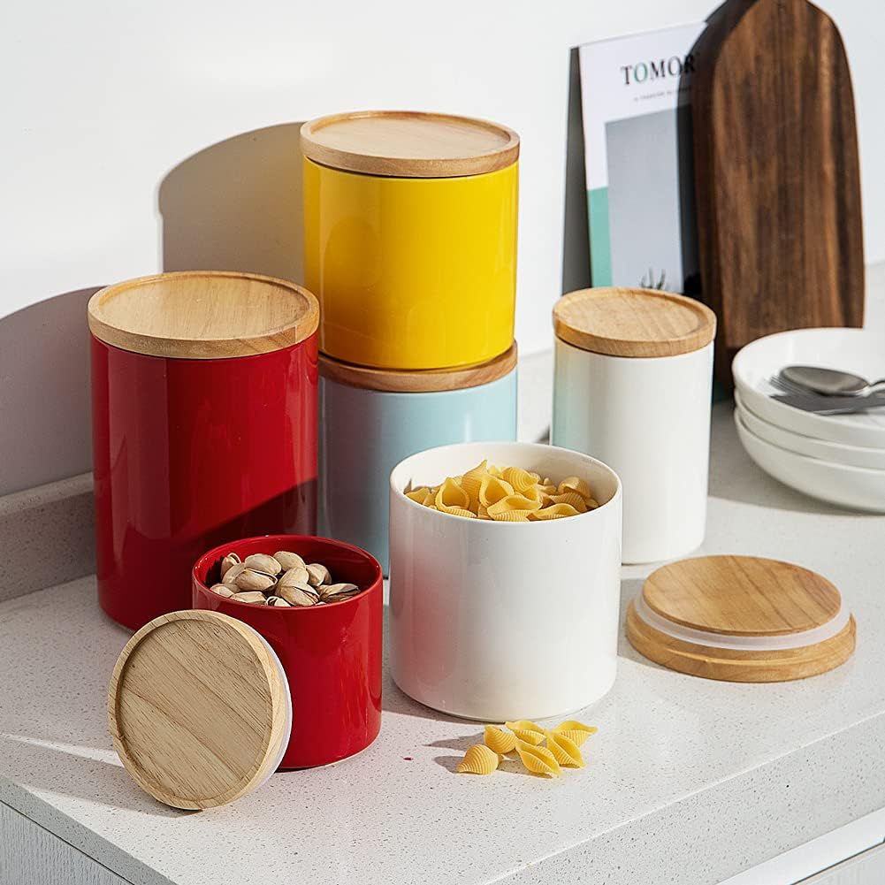 Sweejar Kitchen Canisters Ceramic Food Storage Jar, Stackable Containers with Airtight Seal Wooden