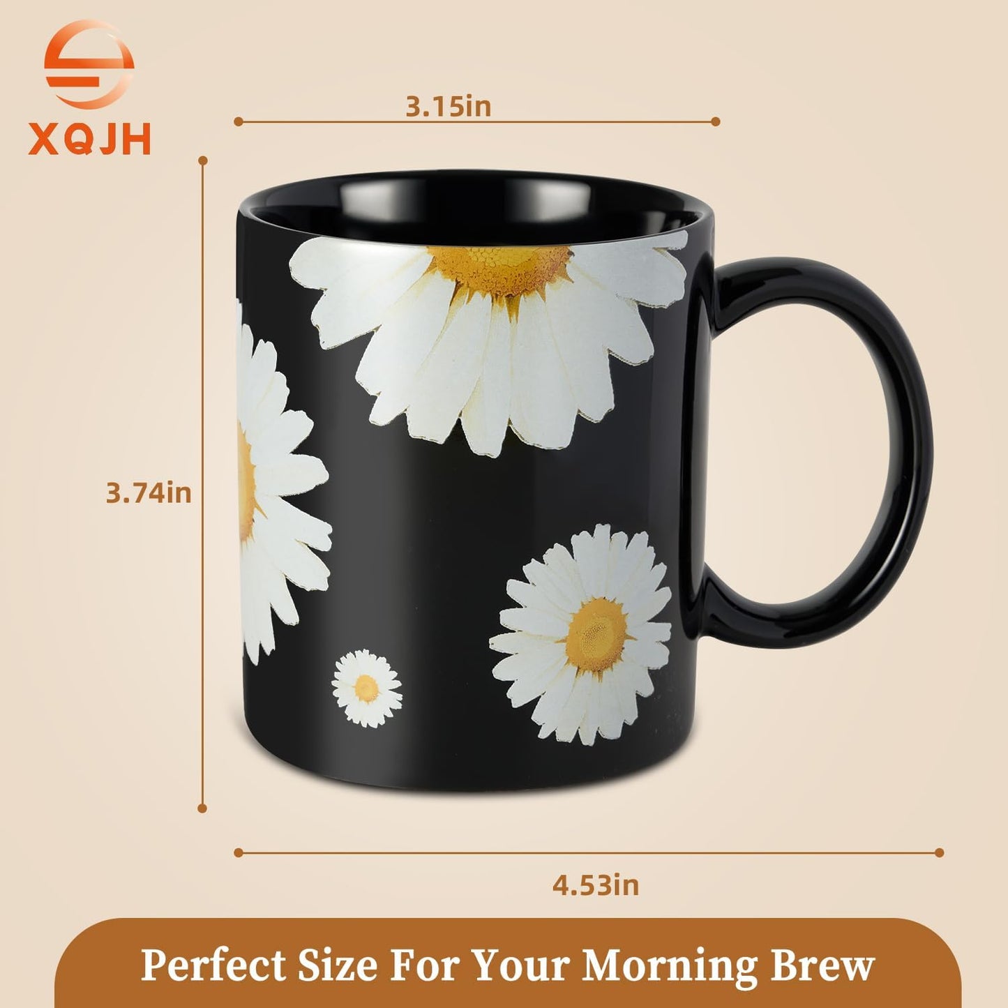 12Oz Daisy floral Black Ceramic Mug, Mug for Daily Coffee and Tea, Lead-free Microwave and