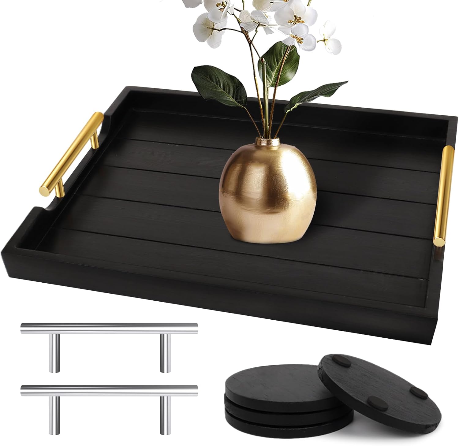 Coffee Table Trays - Large Ottoman Tray for Living Room - Wood Serving Trays with Handles(2 Sets)
