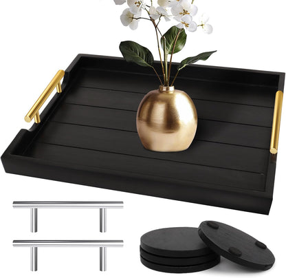 Coffee Table Trays - Large Ottoman Tray for Living Room - Wood Serving Trays with Handles(2 Sets)