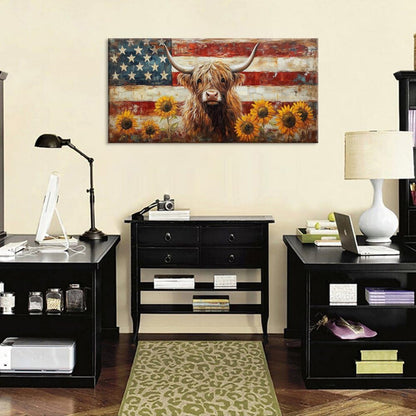 LASMOND Country Highland Cow Wall Art for Living Room Rustic Retro Vintage American Flag Sunflower