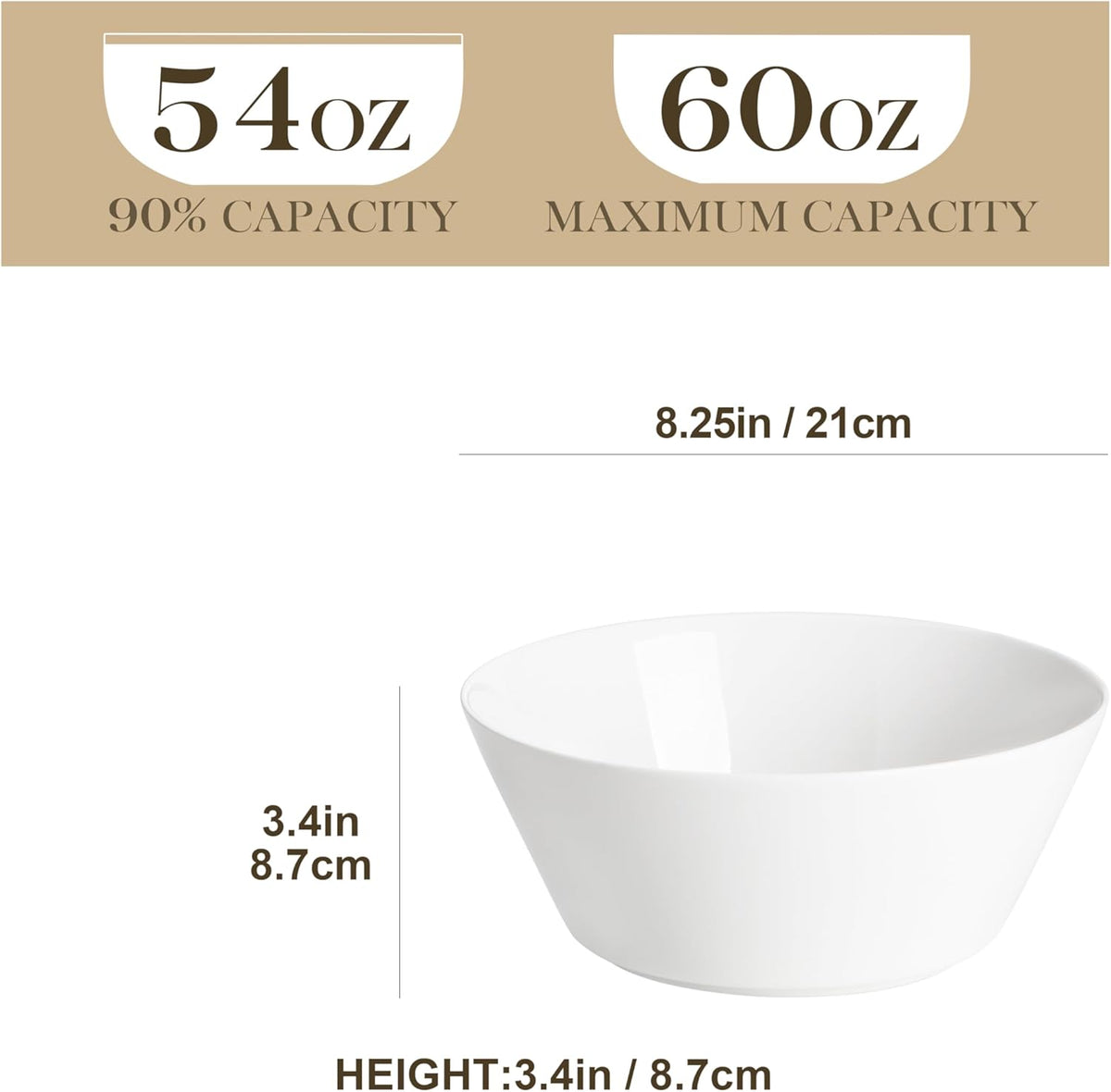 MALACASA Large Salad & Soup Bowls - Set of 4, 60 OZ Porcelain White Bowls for Ramen, Pasta, Pho