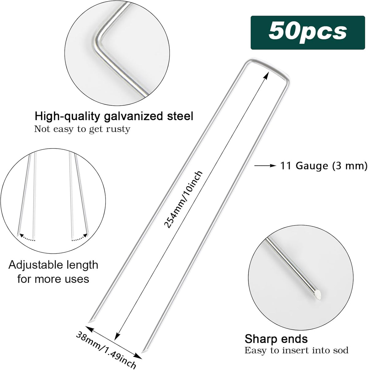 FEED GARDEN 10 Inch 50 Pack Galvanized Landscape Staples 11 Gauge Anti-Rust Garden Stakes