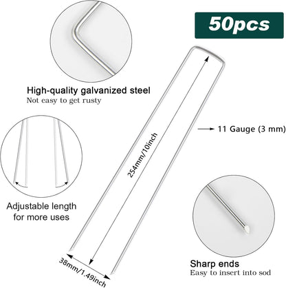 FEED GARDEN 10 Inch 50 Pack Galvanized Landscape Staples 11 Gauge Anti-Rust Garden Stakes