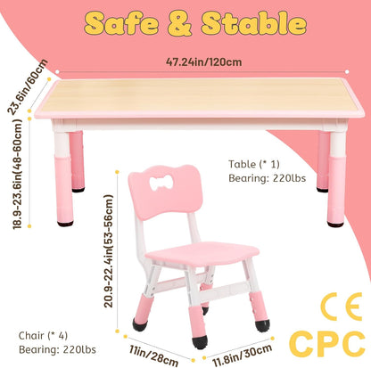 FUNLIO Kids Table and 4 Chairs Set for Ages 3-8, Height Adjustable Toddler Table and Chair Set