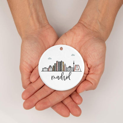 Andaz Press Round Ceramic Porcelain Christmas Tree Ornament Keepsake Gift, Madrid, Colorful