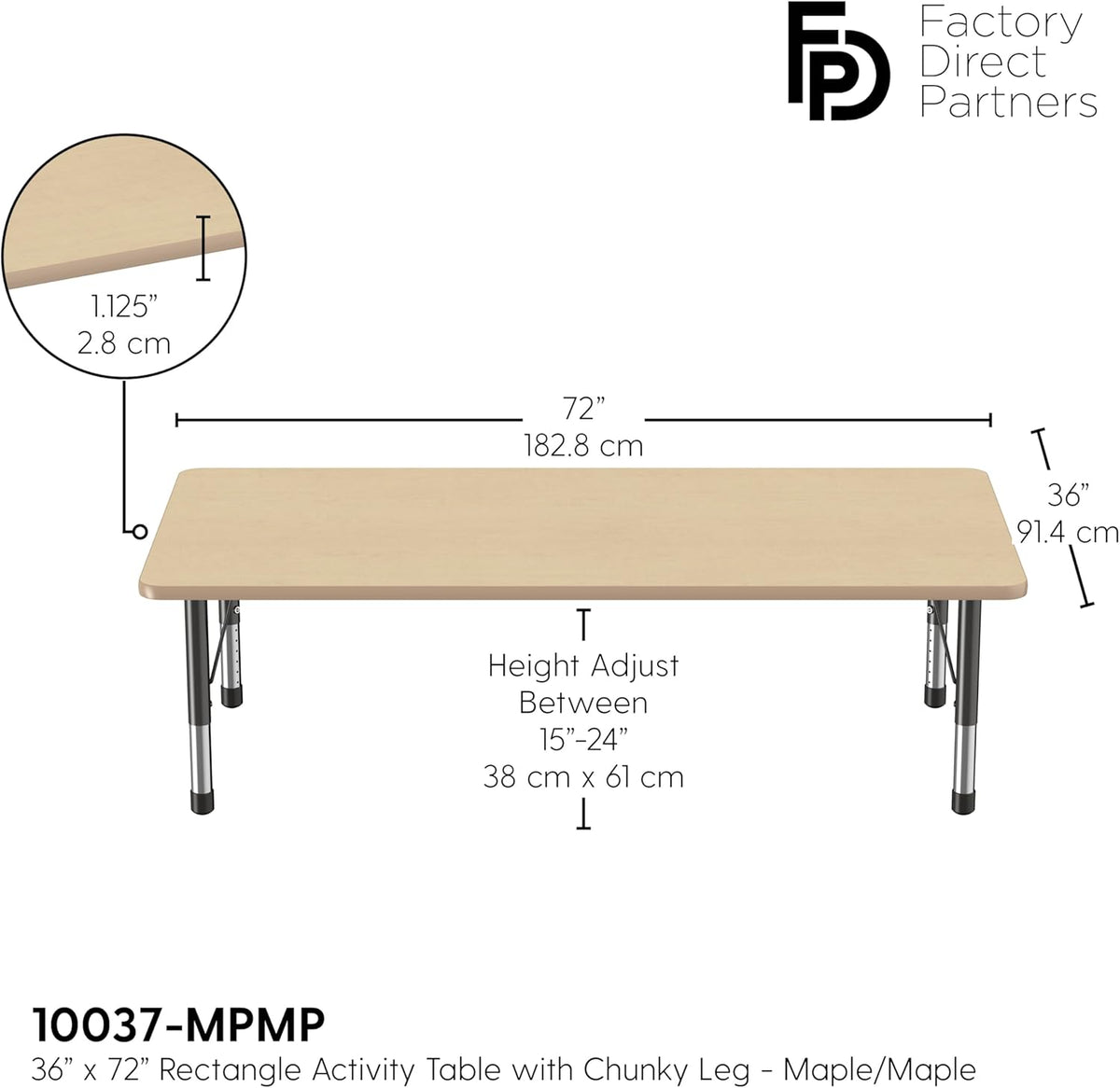 FDP Rectangle Activity School and Classroom Kids Table (36 x 72 inch), Toddler Legs, Adjustable