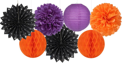 Black Orange Purple Halloween Party-Decorations - 14pcs Kits Paper Lanterns Fan,Tissue Flower Pom