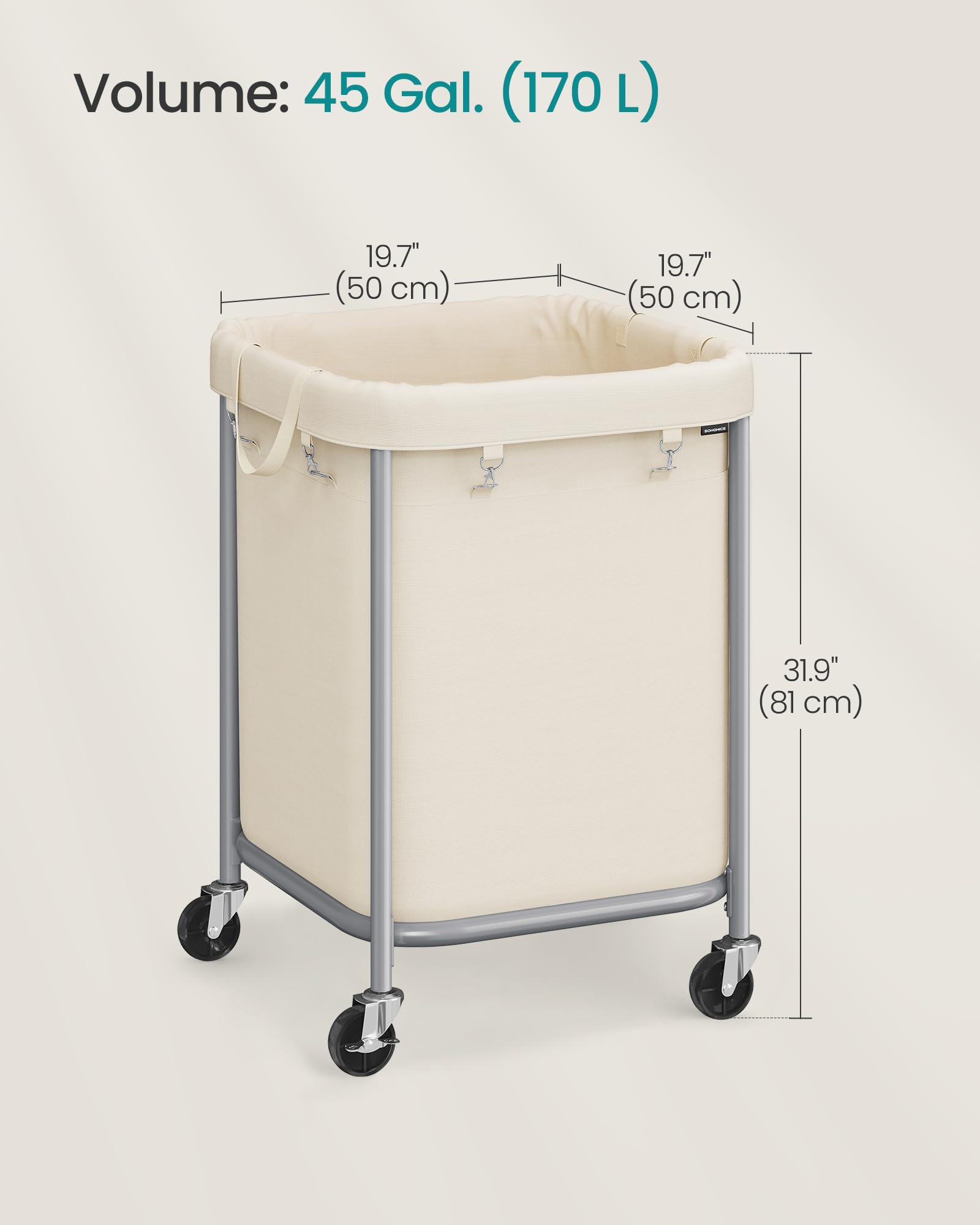 SONGMICS Laundry Basket, Rolling Steel Frame with 2 Locking Wheels, 170 L