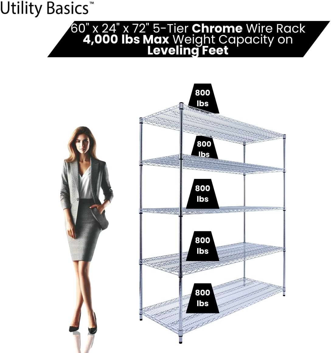 60"x24"x72" Chrome 5-Tier PREMIUM Wire Shelving NSF 4000 LBS MAX CAPACITY Heavy Duty Steel Storage