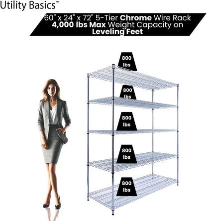 60"x24"x72" Chrome 5-Tier PREMIUM Wire Shelving NSF 4000 LBS MAX CAPACITY Heavy Duty Steel Storage