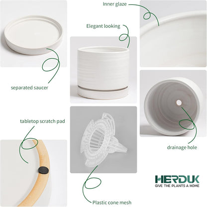 8 Inch Pots for Plants, Ceramic Planter Pot with Drainage Hole & Saucer, Indoor/Outdoor Cylinder