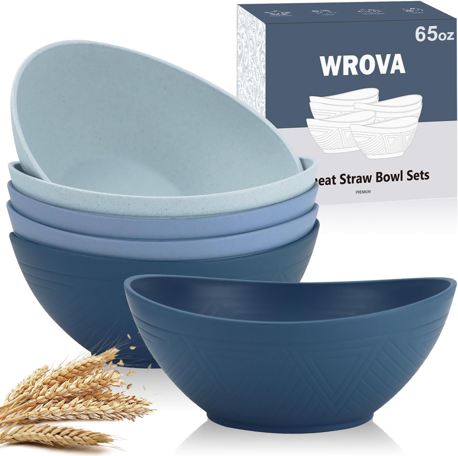 65oz Big Wheat Straw Bowls - Large Salad Bowls set of 6 - Unbreakable Serving Bowls - Microwave &