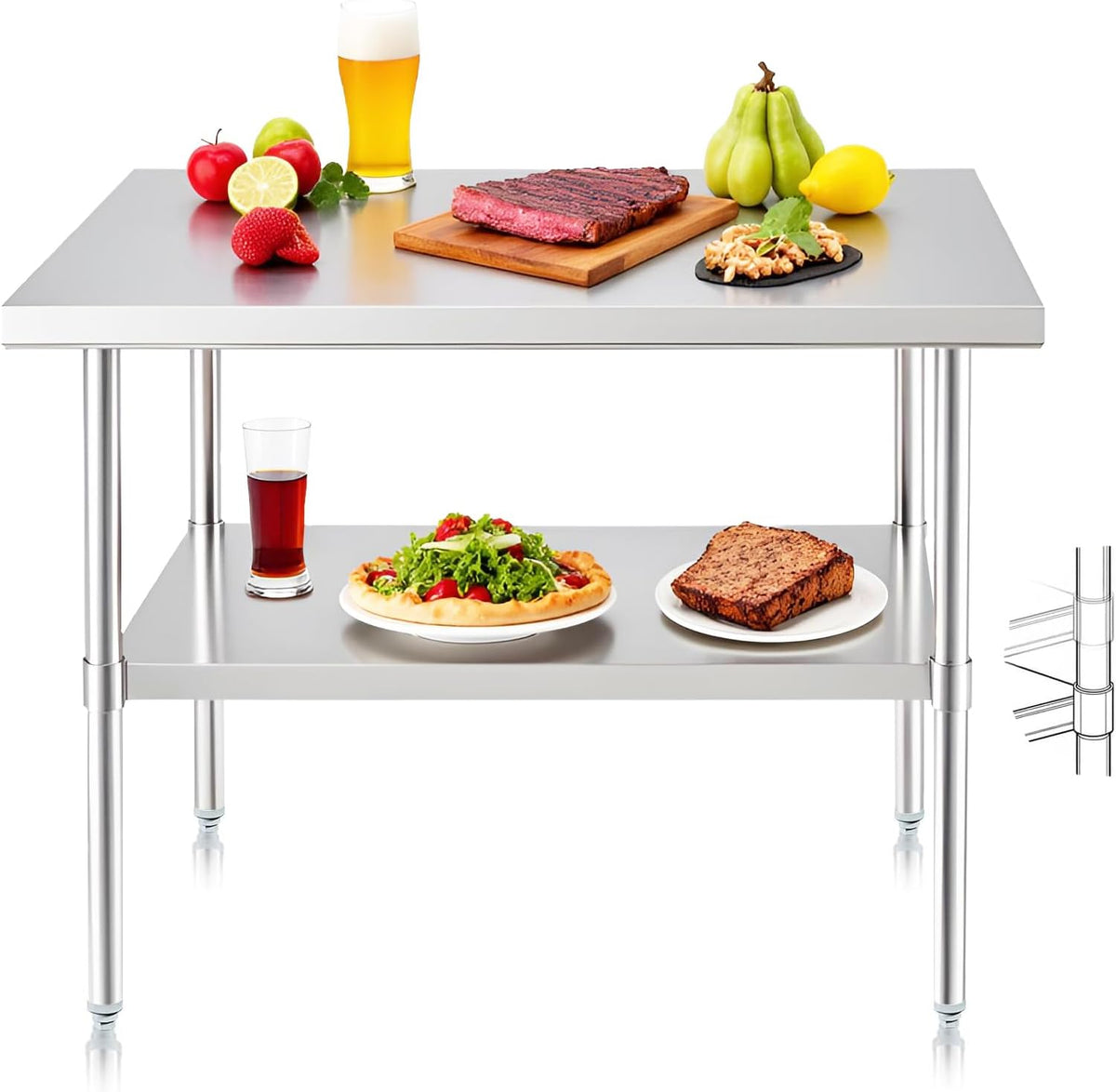 NUUK Stainless Steel Work Table 24 x 36 Inches Heavy Duty Commercial Workstation Adjustable Height