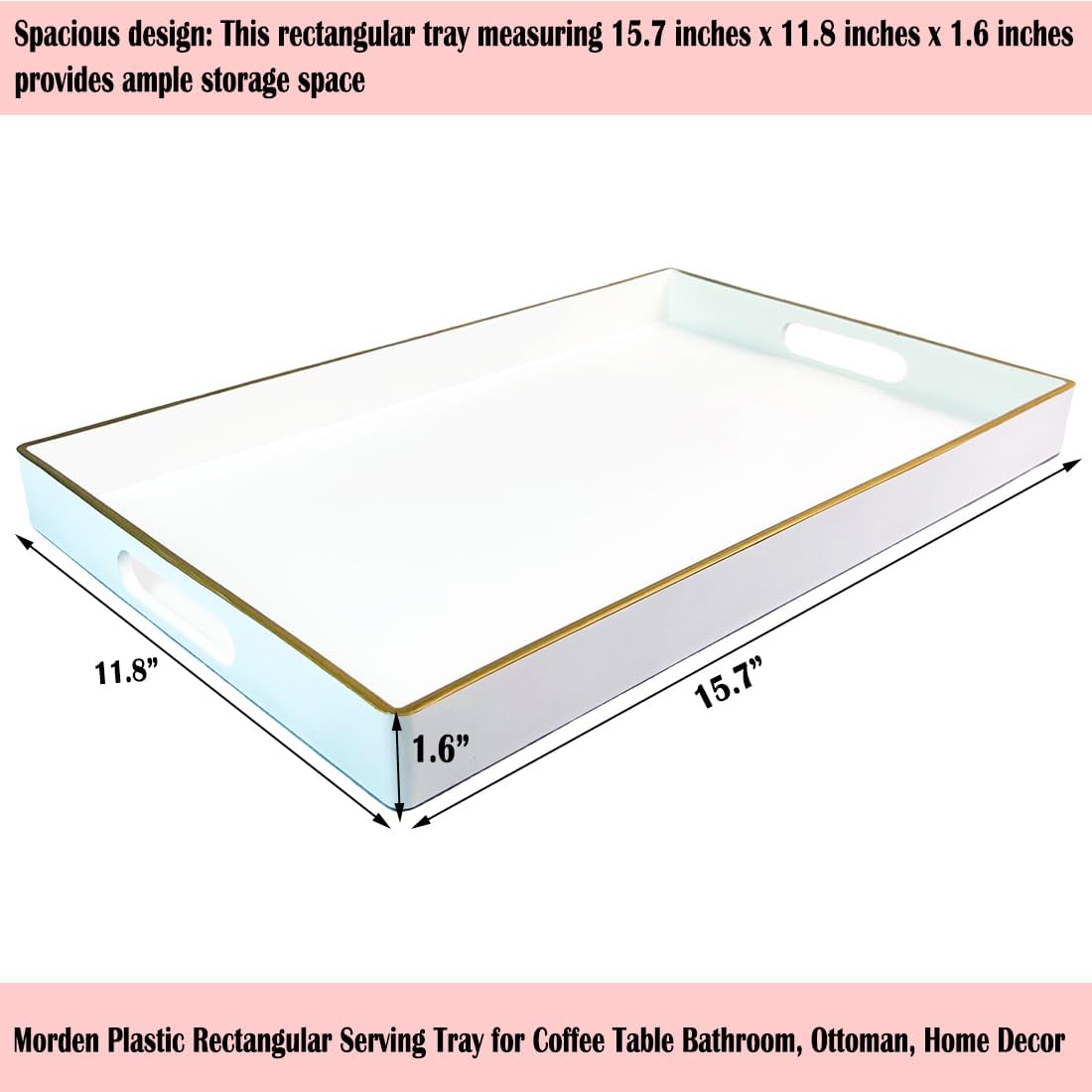 Large White Rectangular Decorative Tray – Plastic Serving Tray with Handles for Coffee Table