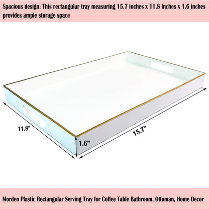 Large White Rectangular Decorative Tray – Plastic Serving Tray with Handles for Coffee Table