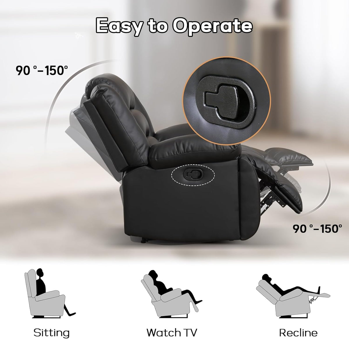 EBELLO Faux Leather Manual Recliner Chair, Single Reclining Sofa Chair Couch with 2 Concealed Cup