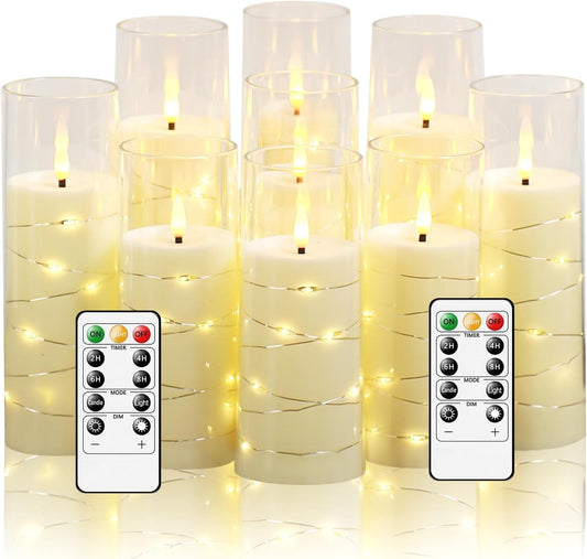 Flickering Flameless LED Candles,Battery Operated Candles 9 Pcs with Embedded Star String,Acrylic