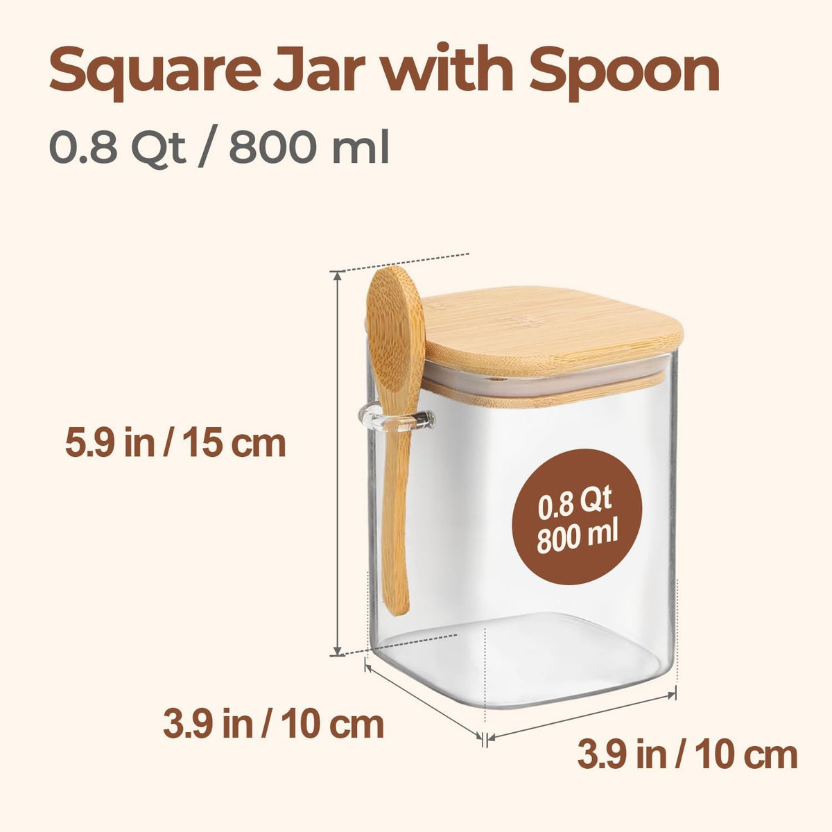 ComSaf 0.8 Qt Glass Jars with Bamboo Lids & Spoons Set of 4, Square Glass Containers with Lids