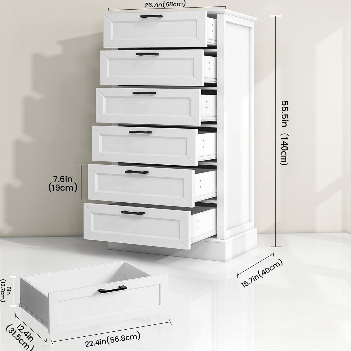 White 6 Drawer Dresser, 55 Inch Tall White Dresser for Bedroom, Modern Farmhouse Style Chest of