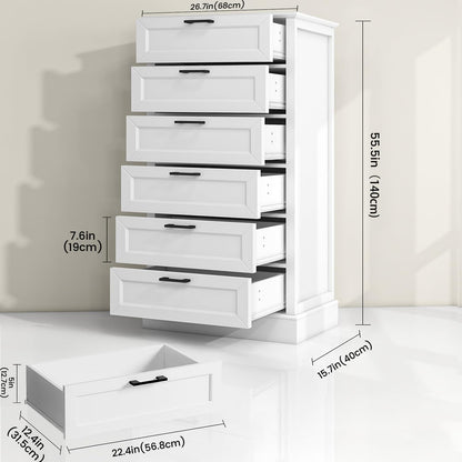 White 6 Drawer Dresser, 55 Inch Tall White Dresser for Bedroom, Modern Farmhouse Style Chest of