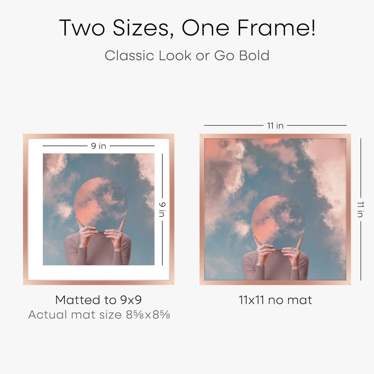 Homeforia 11x11 Rose Gold Picture Frame, High End Metal 11 by 11 Square Frames with Mat 9 x 9