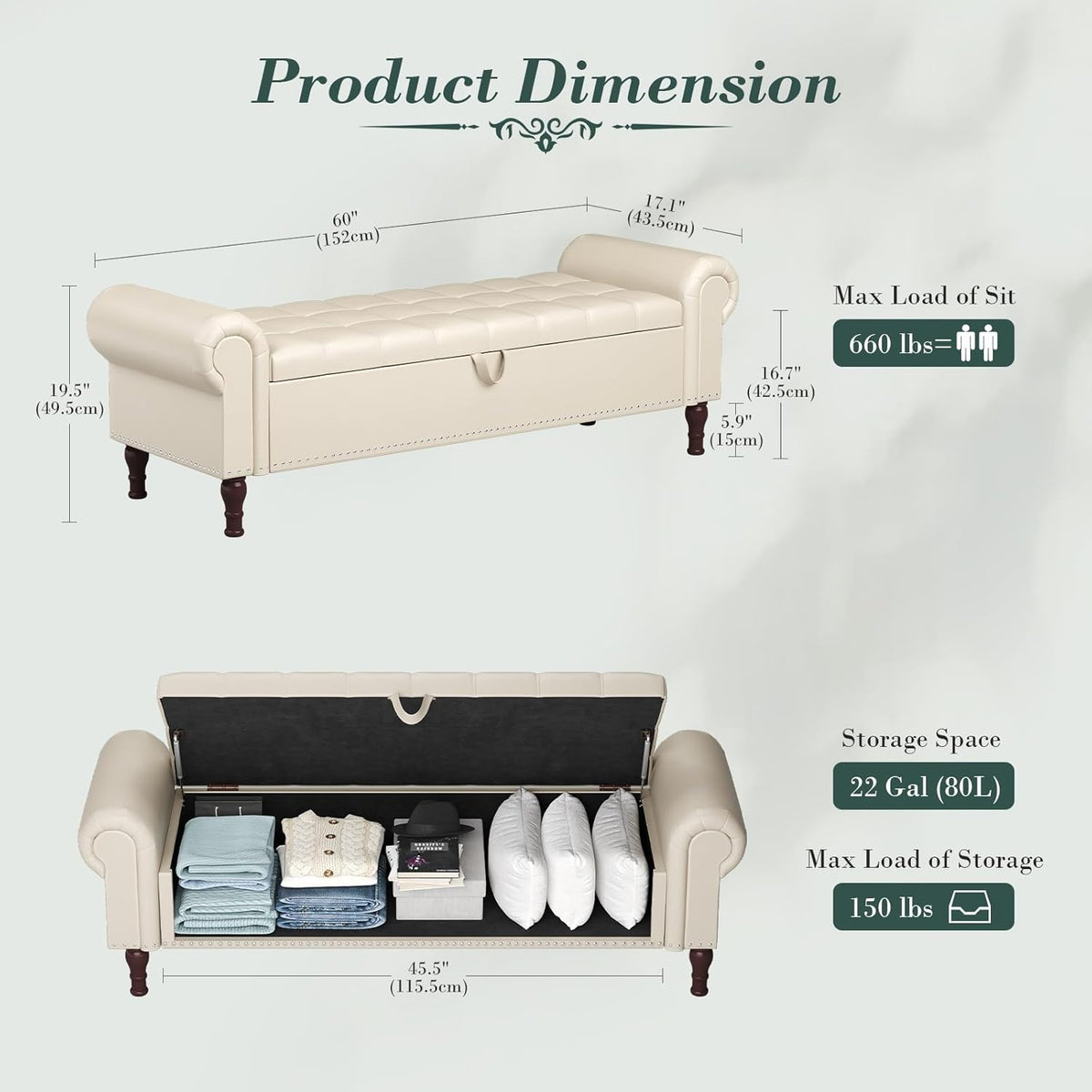 Apicizon 60”Storage Ottoman Bench, Soft Faux Leather Indoor Bench with Rolled Arm and Vintage