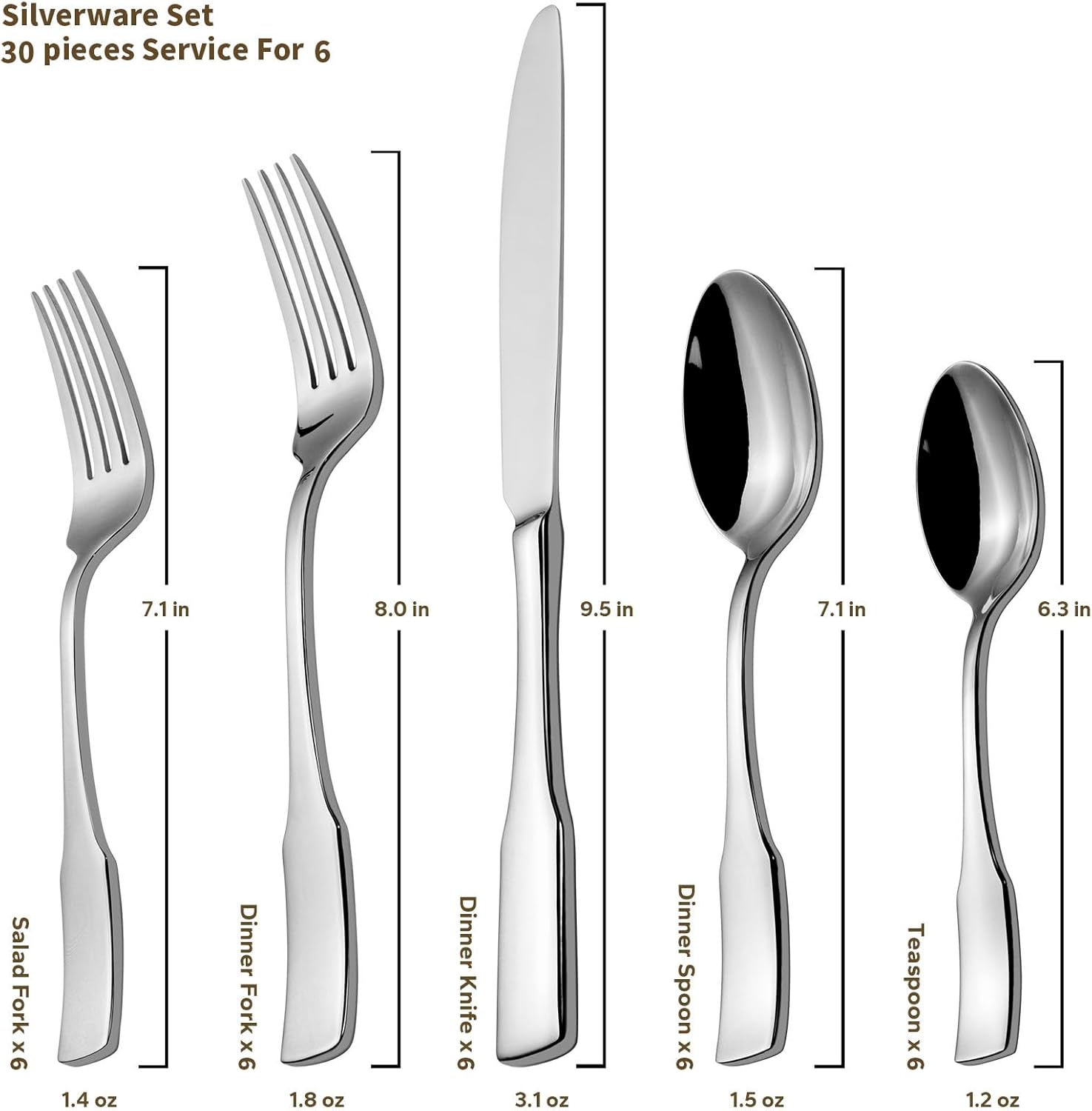 Alata Kate 30-Piece Silverware Set Stainless Steel Flatware Set,Service for 6,Mirror Polished