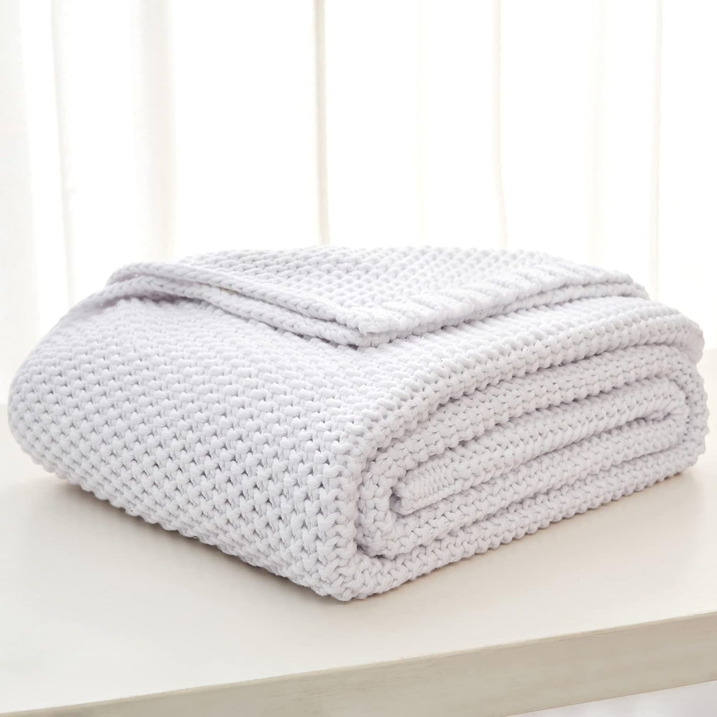 Chunky Cable Knit Throw Blanket Lightweight White 100% Organic Cotton Blanket for Sofa Couch Bed