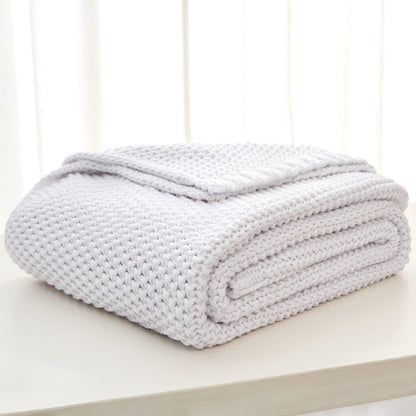 Chunky Cable Knit Throw Blanket Lightweight White 100% Organic Cotton Blanket for Sofa Couch Bed