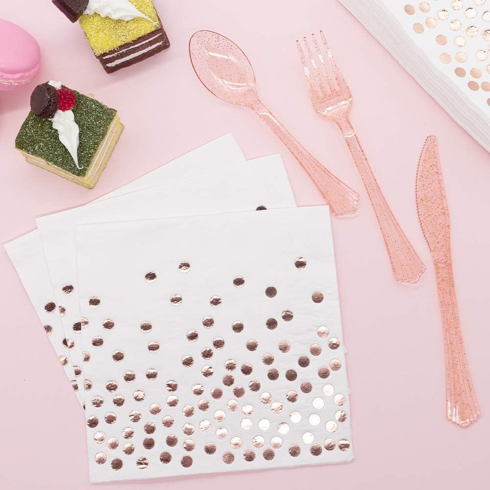 White & Rose Gold Party Supplies - 350 PCS Disposable Dinnerware Set with Paper Plates Napkins