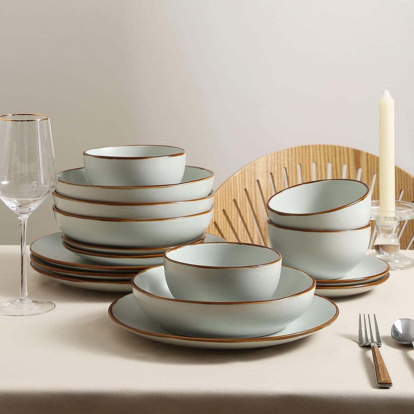 Stone Lain, Stoneware, Service for 4, Light Green, Plates and Bowls Sets, Dinnerware Set with 4