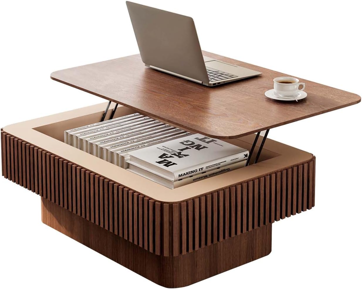 Lift Coffee Table with Storage & Adjustable Height, Solid Wood Coffee Table Fluted Center Table