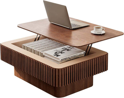 Lift Coffee Table with Storage & Adjustable Height, Solid Wood Coffee Table Fluted Center Table
