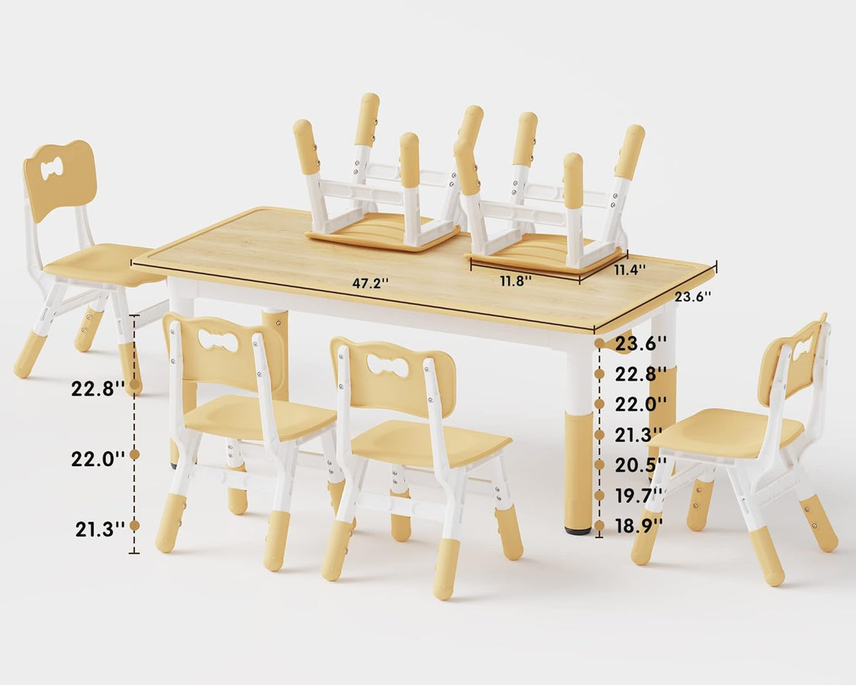 Brelley Kids Table and 6 Chairs Set, Height Adjustable Toddler Desk and Chair Set, Graffiti