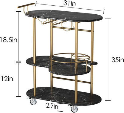 Black Bar Carts with 4-Tier Storage Shelves, Mobile Bar Serving Cart with Wine Rack and Glass