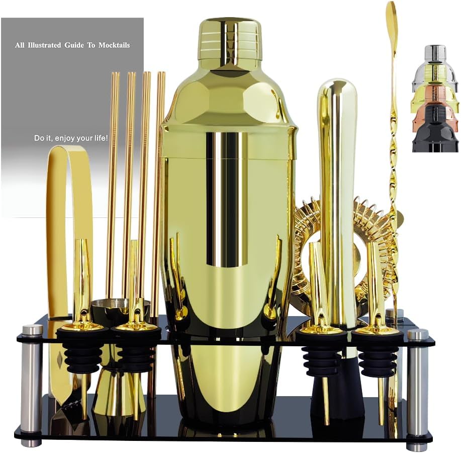 14-Piece Cocktail Shaker Set Bartender Kit with Black Stand, Bar Tool Set for Drink Mixing