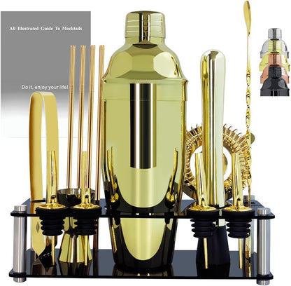 14-Piece Cocktail Shaker Set Bartender Kit with Black Stand, Bar Tool Set for Drink Mixing