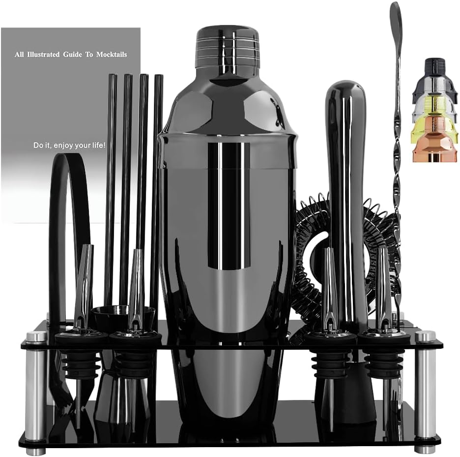 14-Piece Cocktail Shaker Set Bartender Kit with Black Stand, Bar Tool Set for Drink Mixing
