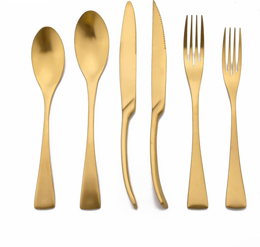 Golden Silverware Set, 6 Pieces 304 Stainless Steel Eating Utensil Set with Gift Box, Include