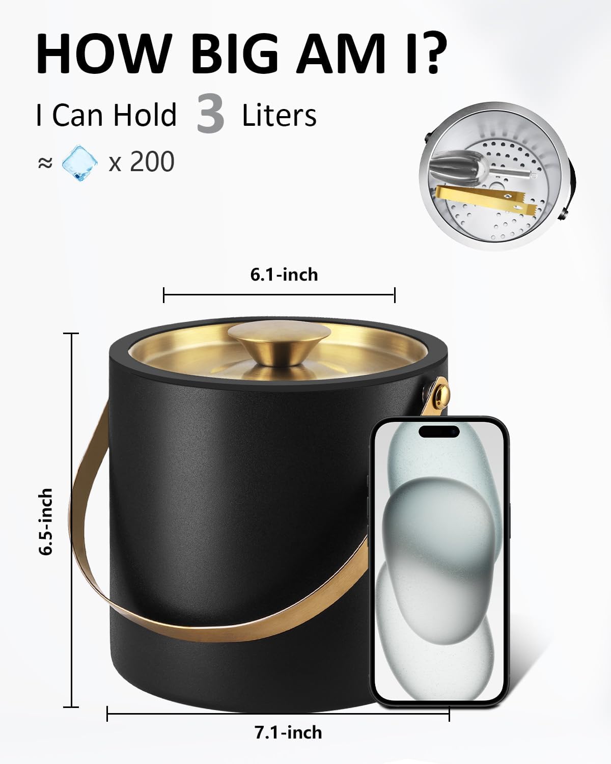 3L Ice Bucket with Silicone Lid, Scoop, Gold Tongs & Strainer, Stainless Steel Double Wall