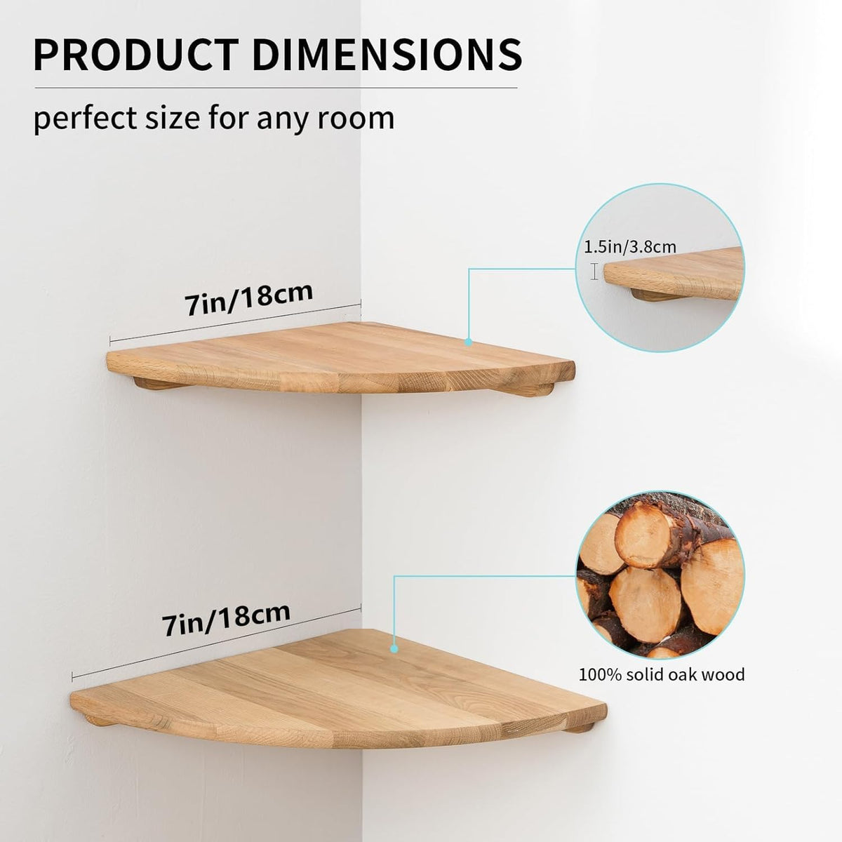Corner Shelves, Floating Corner Shelf, Set of 2 7inch Solid Oak Wood Wall Shelves, Round End Wall