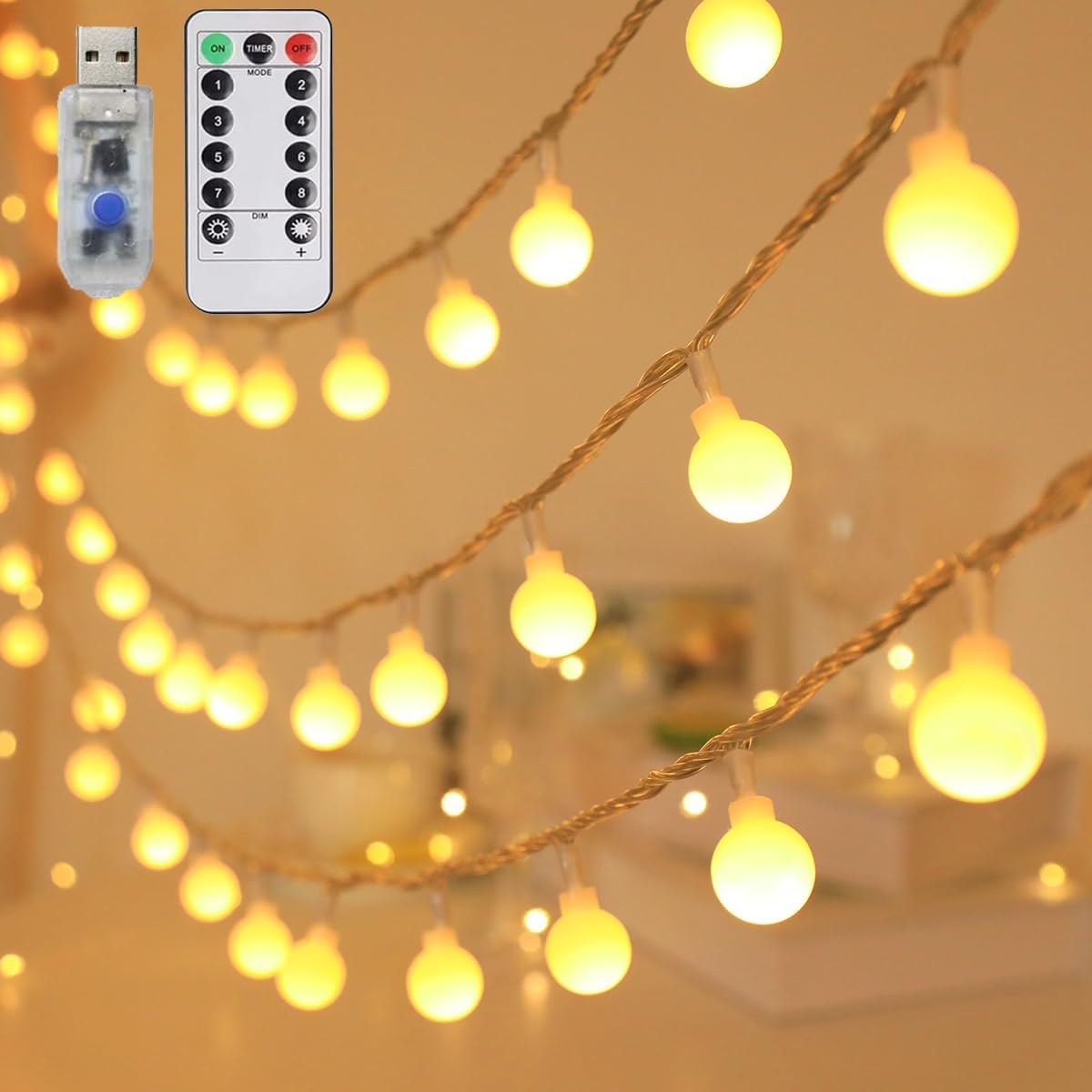 Globe String Lights 65.6 Ft. 120LEDs 8 Modes with Remote,USB Fairy Lights Plug in,Waterproof LED